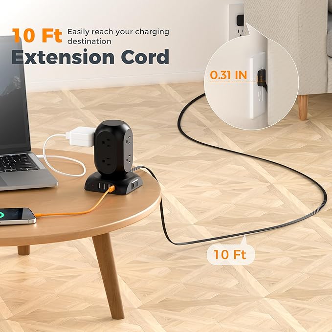 Black Surge Protector Power Strip Tower, TESSAN Flat Plug Extension Cord 10Ft with 8 AC Outlets 4 USB Ports (1 USB C), 1050J Protection Charging Station for Home, Office, Dorm Room Essentials