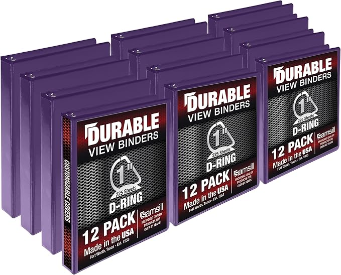 Samsill Durable 1 inch 3 Ring Binder, Made in USA, D Ring Binder, FSC 100% Recycled Chipboard, Purple, 12 Pack