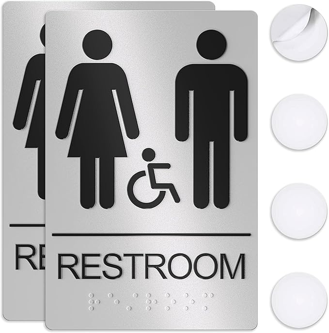Unisex Bathroom Signs, Restroom Sign For Business - For Men and Women - 2 Pack - 9" by 6" - ADA Compliant with Braille - Strong Double-Sided Adhesives Included - Apply to Office, Home, Public Door/Wall