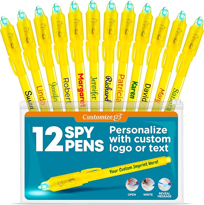 Personalized Invisible Disappearing Ink Pen Marker Pack, Custom Secret Spy Message Writer with UV Light, Fun for Kids Party Favors Gifts and Stock Stuffers, 12 Pack, Yellow