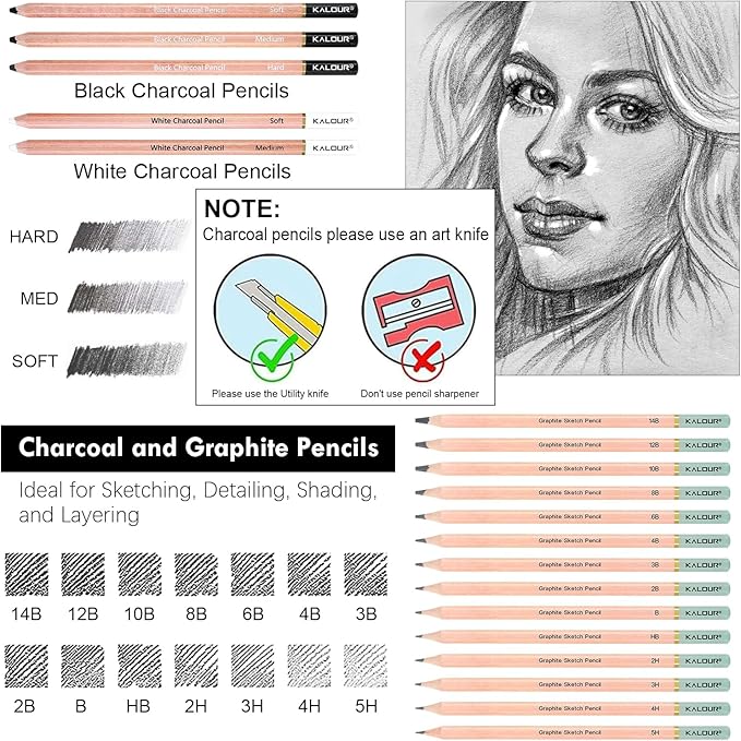 39pcs Drawing Pencil Set, Professional Sketch Pencils (5H-14B), Black and White Charcoal Pencils for Sketching, Eraser Brush Pen, Charcoal Sticks, Art Pencils Set for Artists & Beginners