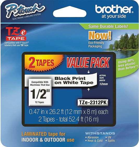 Brother Genuine P-Touch, TZe-231 2 Pack Tape (TZE2312PK) ½”(0.47”) x 26.2 ft. (8m) 2 Count (Pack of 1) Laminated P-Touch Tape, Black on White