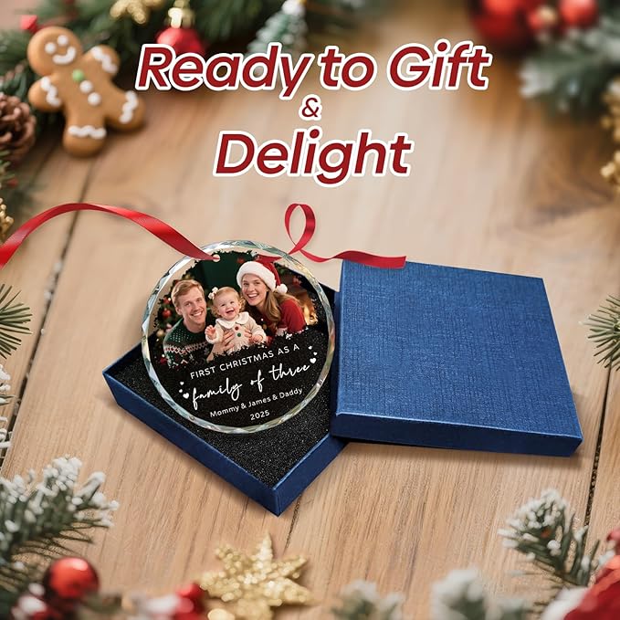 Personalized Family of 3 Christmas Ornament 2025 - Custom Ornament for First Christmas as a Family of 3 - Crystal Photo Ornaments Gifts for New Parents, Newborn, Baby Girl & Boy (3.15”)