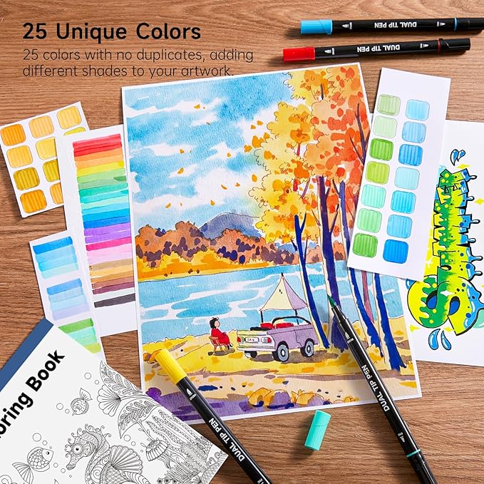 Shuttle Art Dual Tip Brush Marker Pens, 25 Colors Water-based Ink, Fine and Brush Tip Marker Set with 1 Coloring Book for Kids Adult Artist Calligraphy Hand Lettering Journal Doodling Writing