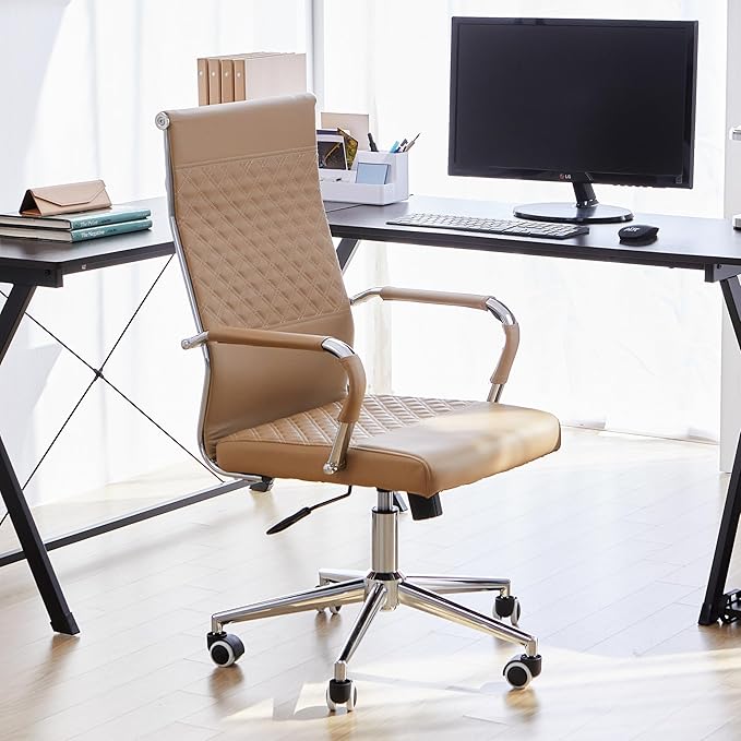 Livinia Modern Executive Office Chair with Patterned Back Design, Chrome & Leather Swivel Chair with High Back, Adjustable Height, Removable Armrests, and Wheels for Home Office (Brown(Chrome))