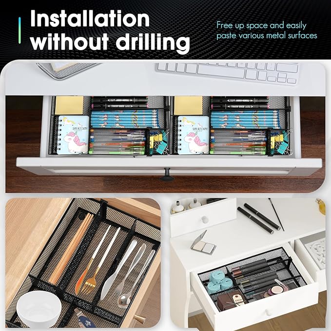 Desk Drawer Organizer Tray, 4 to 6 Grid Drawer Divider with 2 Adjustable Compartments, Metal Mesh Desk Organizer for Stationery Makeup Kitchen Toolroom School &Office, 12.6x8.26x1.57 in, 2 PCS