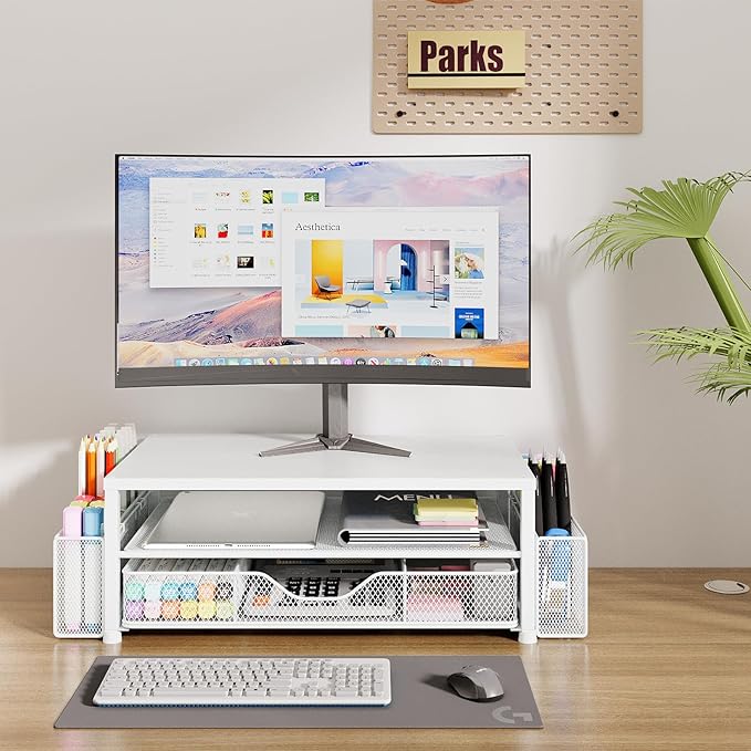 Desk Organizers and Accessories, 2-Tier Computer Monitor Stand Riser with Drawer and 2 Pen Holders, Laptop Stand, Office Desk Accessories for Office Supplies, White