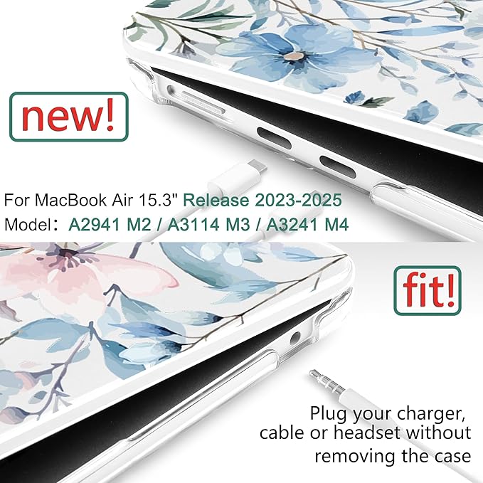 DONGKE Compatible with M4 MacBook Air 15 inch Case 2025 2024 2023 A3241 A3114 A2941 M3 M2 Liquid Retina Display Touch ID, Plastic Hard Case & Keyboard Skin & Screen Protector - Blue Flowers