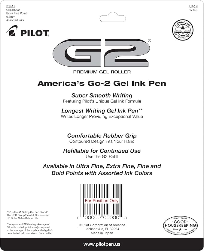PILOT G2 Pens 0.5 mm - 10 Pack of 5 Blue and 5 Black Pens Ballpoint Extra Fine Point, Refillable & Retractable