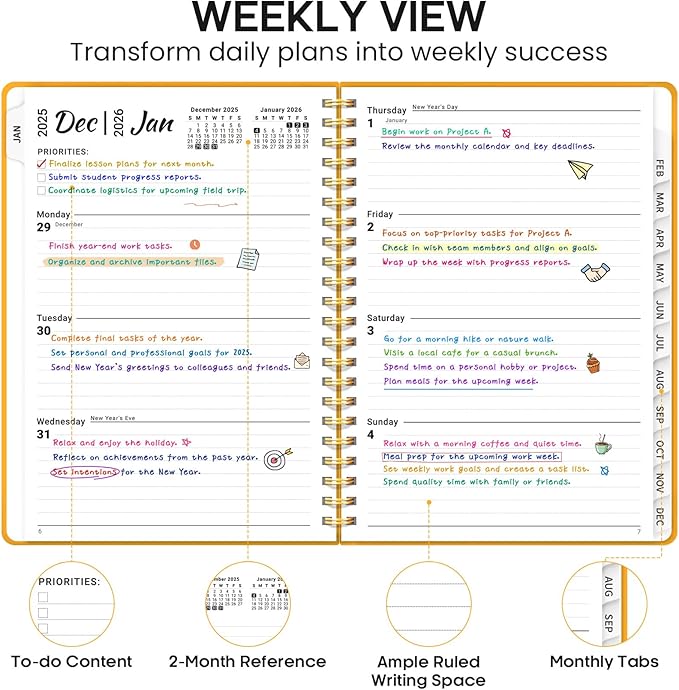 2026 Planner, Weekly and Monthly Calendar Planner Book, January 2026 - December 2026, Hardcover Spiral Planner with Monthly Tabs, Notes Pages, Perfect for Women & Men, A5 (6.4" x 8.5") - Yellow
