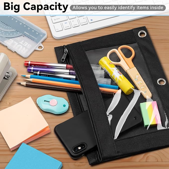 V-Opitos Pencil Pouch for 3 Ring Binder, 2 Pack Orange 3-Holes Zipper Pencil Pouches, Sturdy and Durable Cloth Pencil Case with Clear Window for Office School College Supplies