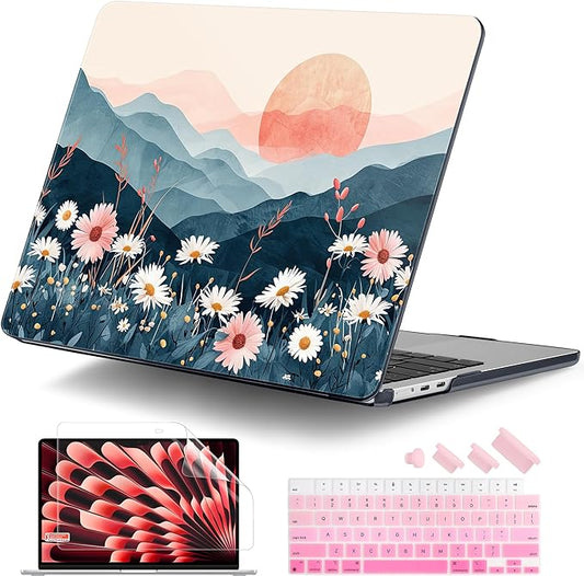 DONGKE Compatible with M4 MacBook Air 15 inch Case 2025 2024 2023 A3241 A3114 A2941 M3 M2 Liquid Retina Display Touch ID, Plastic Hard Case & Keyboard Skin & Screen Protector - Sun & Daisie