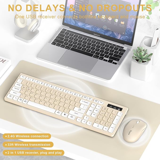 Wireless Keyboard and Mouse Combo, Full-Sized Wireless Keyboard and Adjustable DPI Mouse, 2.4GHz USB Receiver, Keyboard and Mouse for PC, Windows, Desktop, Laptop (Latte Color)