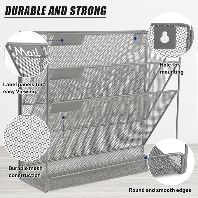 EASEPRES Desk File Organizer Mesh 4-Tier, Hanging Wall Mount Document Organization Stand, Desktop Vertical Mail Paper Folder Holder Rack with Bottom Tray for Office Home Cubicle Countertop, Gray