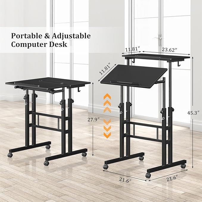 Small Standing Desk with Wheels, Mobile Stand Up Desk, Portable Standing Table on Wheels for Walking Pad, Rolling Computer Desk Adjustable Height, Tall Table