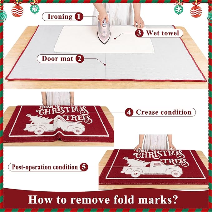 Christmas Doormat with Non Slip, Loop Pile Red and White Indoor Welcome Mat with Absorbent & Dirt-Trapping, Christmas Trees Truck Pattern, Porch Decor Outdoor Front Door Mat 32x48 Inch