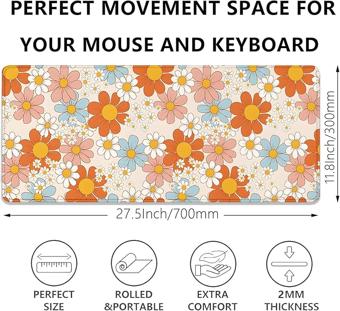 Vintage Floral Mouse Pad Daisy Desk Pad,Retro Flower Mouse Mat,Extended Gaming Mouse Mat,Stitched Edges Non-Slip Waterproof Rubber Base Mous Mat for Office Home Work Game Desk Pad(27.5X11.8 in)