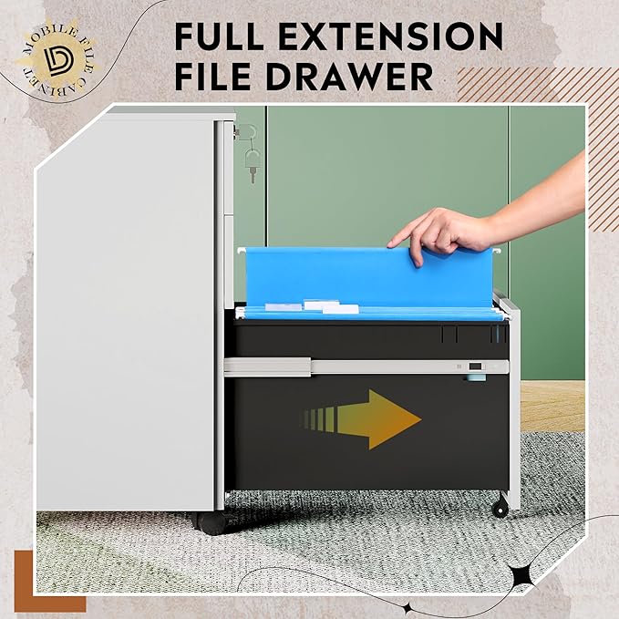 DEVAISE White File Cabinet, Small Filing Cabinet with 3 Drawers with Slim Width for Home Office, Rolling Under Desk Storage (11.8 inch)