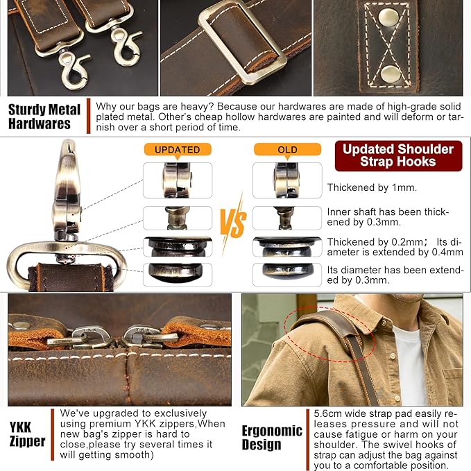 Masa Kawa Leather Briefcase for Men 15.6" - 17" Laptop Computer Case Business Travel Work Messenger Cross Body Shoulder Bag