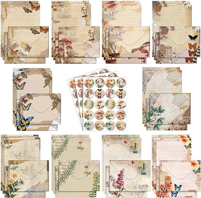 TaoBary 160 Pcs Stationery Paper Set 50 Double Sided Stationery Papers with 50 Matching Envelopes and 60 Round Dot Sticker, 10 Design(Nature Vintage Style,5.5 x 8.25 Inch)