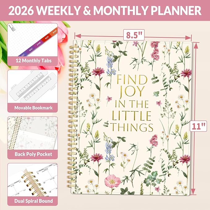 SUNEE 2026 Weekly and Monthly Planner - from January 2026 - December 2026, 8.5"x11" Daily Agenda Planner with Monthly Tab, Flexible Cover, Note Pages, Pockets, Bookmark, Spiral Binding, Wildflowers