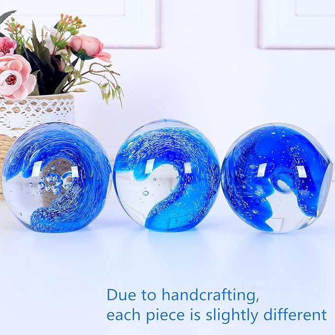 EUSTUMA Hand Blown Glass Figurines Ball Ocean Waves,Paperweight Glass Ball,Home Decor Collectible,Aquarium Decor,Office Decor Ocean Lovers