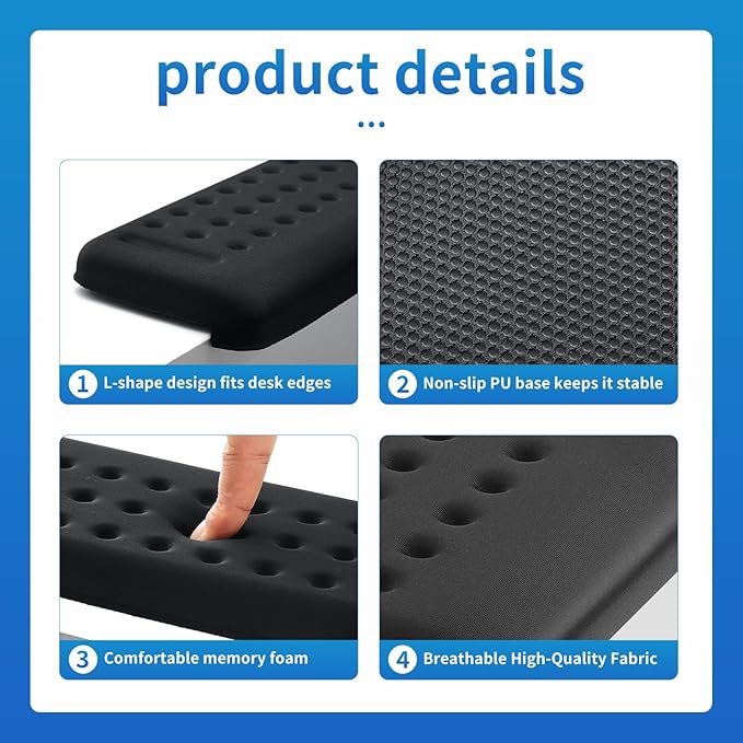 4 Pcs L-Shaped Desk Long Wrist Rest Elbow, Forearm and Wrist Comfort Support Elbow Arm Rest for Table or Desk Edge Accessories, Non-Slip, Memory Foam Padding (Black)