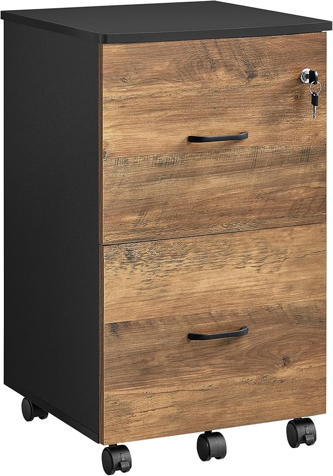 VASAGLE 2-Drawer File Cabinet, Locking Filing Cabinet for Home Office, Small Rolling Printer Stand, A4, Letter-Size Hanging Files, Assembly Required, Honey Brown and Ink Black ULCD027B01
