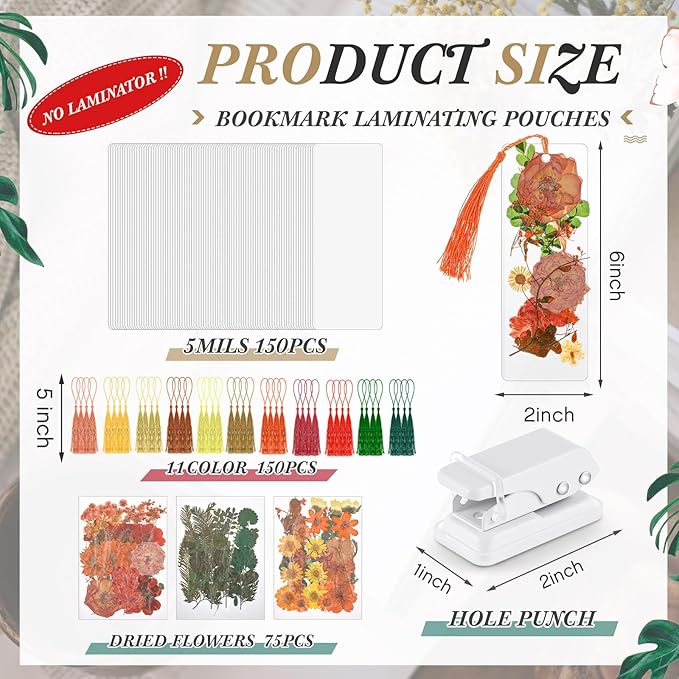 150 Pcs DIY Pressed Dried Flower Bookmark Making Kit, DIY Bookmark Bulk Thanksgiving Teacher Gifts for Reading Women Book Lovers(2 x 6 Inch,Orange Yellow Color)