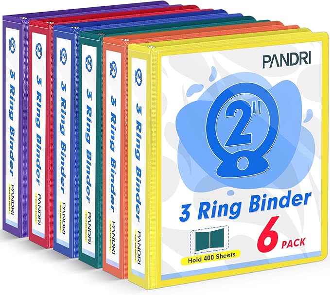 3 Ring Binder 2 Inch, PANDRI 6 Pack 2-Inch Binder Fits Letter Size 8.5'' x 11'' Paper, Versatile Binders for Office Home School, 2 Pockets, Assorted 6 Color