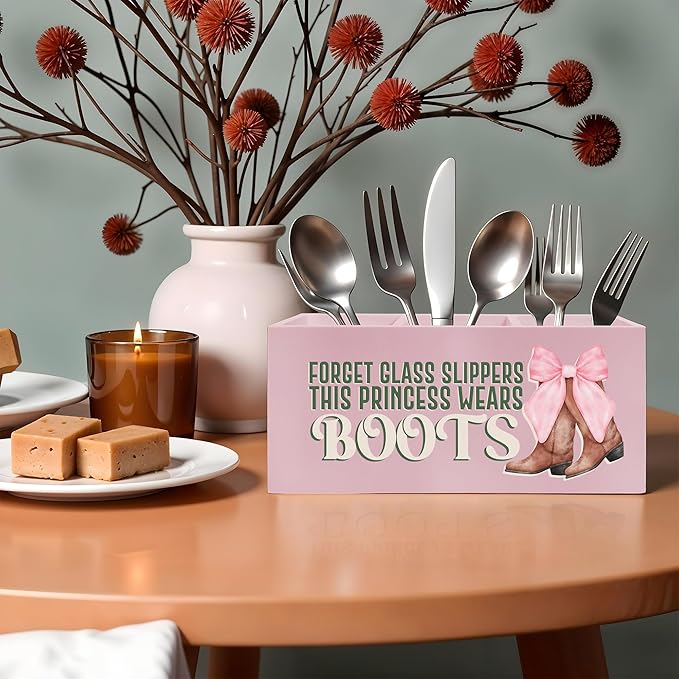 Coquette Pink Bow Cowgirl Makeup Brush Toothbrush Holder, Cowgirl Gifts, Pink Western Wooden Pen Pencil Holder Organizer for Home Office Desk Accessories, Western Gifts for Women