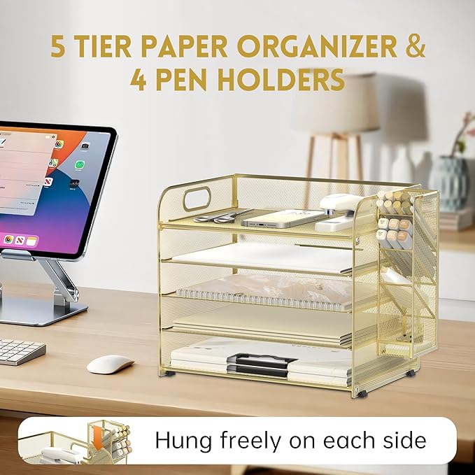 SUPEASY 5 Tier Desk Organizer with Handle & Removable Pen Holders, Mesh Paper/File Organizer for Desk, Paper Letter Tray Organizer for Office Supplies, Gold