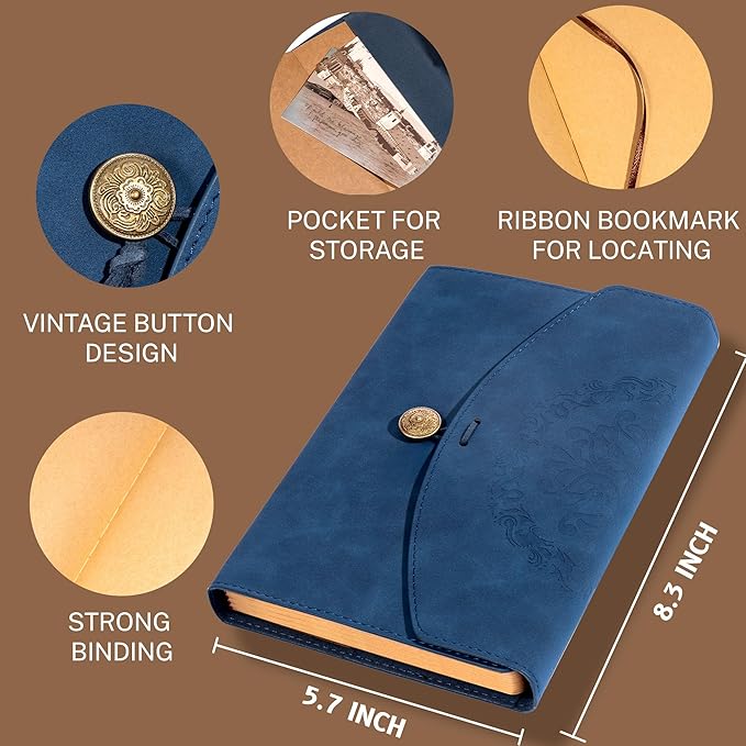 Vintage Leather Journal for Women Men, Junk Journal Notebook Soft Cover, Book of Shadows Journals for Travel Diary Scrapbook Sketchbook Journaling Writing, Blue