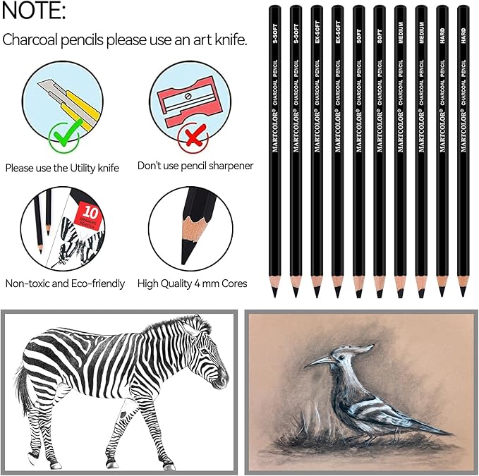 Charcoal Pencils for Drawing, 10 Pieces (S-Soft, Ex-Soft, Soft, Medium, & Hard) Black Charcoal Pencils for Sketching, Shading, Blending