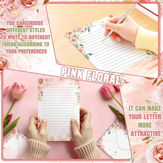 TaoBary 160 Pcs Stationery Paper Set 50 Double Sided Stationery Papers with 50 Matching Envelopes and 60 Round Dot Sticker, 10 Design(Pink Floral,5.5 x 8.25 Inch)