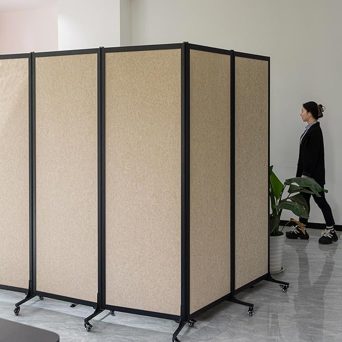 Upgrade Version Room Partition and Divider, Freestanding Rolling Dividers with Wheels,Office Privacy Screen Divider Wall,Classroom Felt Dividers,12'2"L* 6'7"H,6 Panel，Beige
