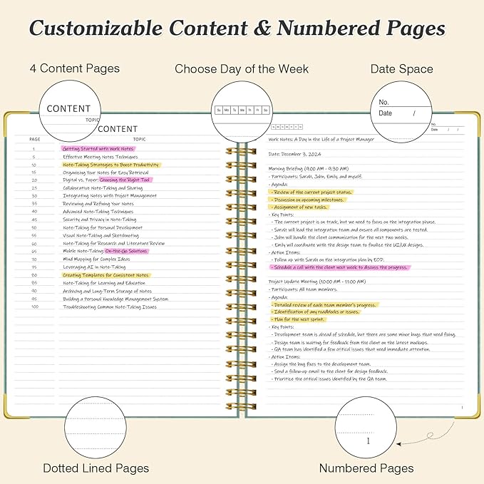 Spiral Notebook, 300 Numbered Pages Notebooks College Ruled with Contens, 100GSM Thick Journal for Women Men, Hardcover Leather Lined Journal for Writing, Large A5 Notebooks for Work School, 6" x 8"