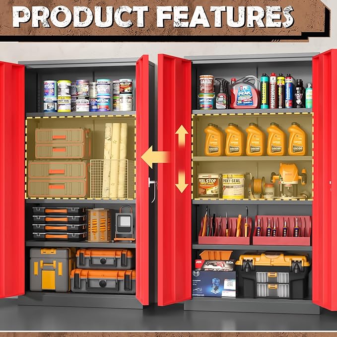 INTERGREAT Metal Lockable Storage Cabinet, 72” H Storage Cabinet with 2 Doors and 4 Adjustable Shelves for Office, Home, Garage, Pantry (Assembly Required, 18”D, Black Red)