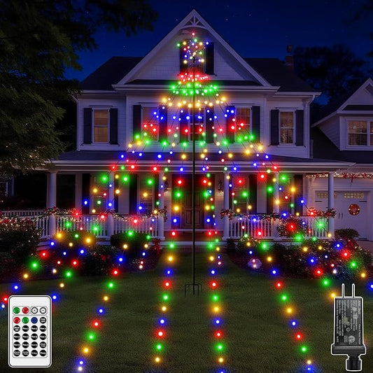 Christmas Tree Lights 340LED with Topper Star, IP67 Waterproof Remote Control Waterfall Lights with Pole, 16 Modes 3 Timers Dimmable Christmas Decorations for Outdoor Yard (Multicolored)