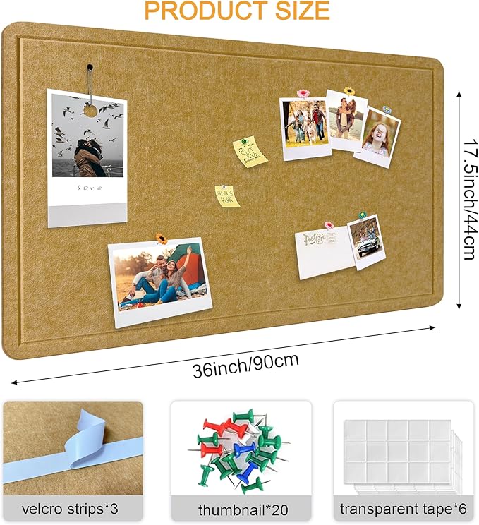 Large Bulletin Board - Foldable 36x17.5 Inches Cork Board Alternative with 20 Push Pins, Self-Adhesive Felt Bulletin Board for Wall, Home Office Classroom Decor