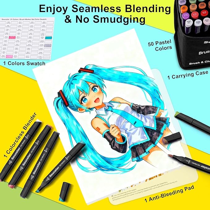 Soucolor 51 Colors Alcohol Markers Brush Tip, Dual Tip Brush Art Markers, 50 Colors+1 Blender, Art Supplies for Kids Artists Adults Coloring Books Drawing Sketching Painting, Birthday Christmas Gift