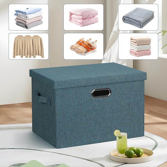 Large 17" 36 Quart Collapsible Stackable Storage Bins with Lids, 3 Packs Blue-Green Linen Fabric Closet Boxes with Lids, Storage Cube Baskets Container Organizers for Bedroom (17x12x11)
