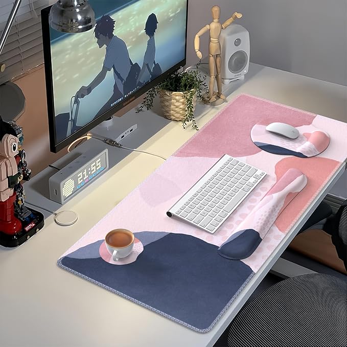 iCasso Desk Mat, Gaming Mouse Pad Wrist Support Set, XXL Large Mousepad + Keyboard Wrist Rest+Mouse Wrist Rest+Coastert with Ergonomic Design for Home Office Computer (C-Four-Pink-Block)