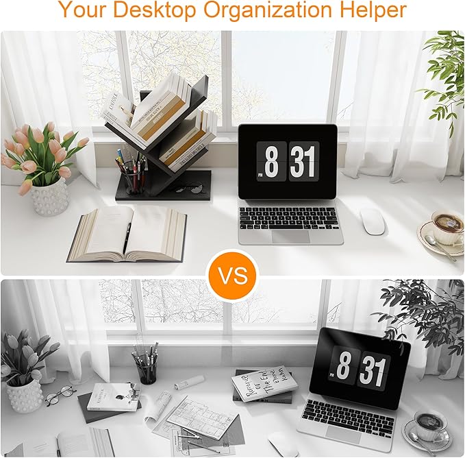 Tajsoon Tree Bookshelf 3 Tier Book Shelves Storage Organizer, Desktop Bookshelf Floor Standing Bookcase Display for CDs/Magazine/Books, Small Bookshelf for Bedroom, Living Room&Office, Black