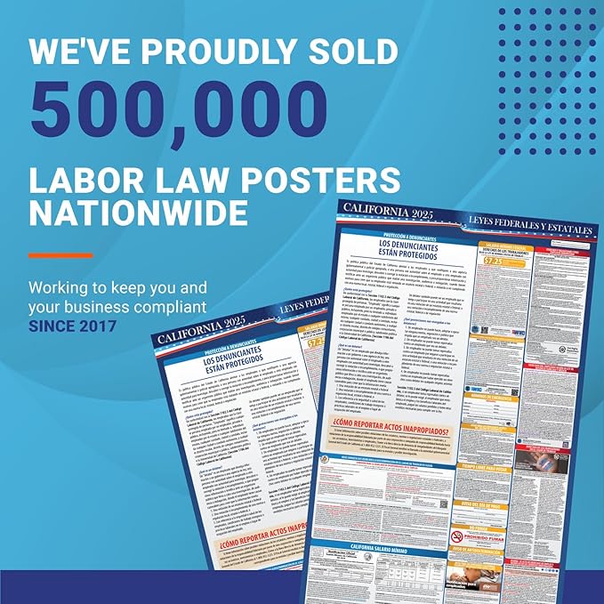 2025 California State and Federal Labor Law Poster - English Spanish Combo - OSHA Workplace Compliant - All-In-One Required Compliance Mandatory Regulations Posting for Employees 16" x 40" Laminated (English Spanish Combo)