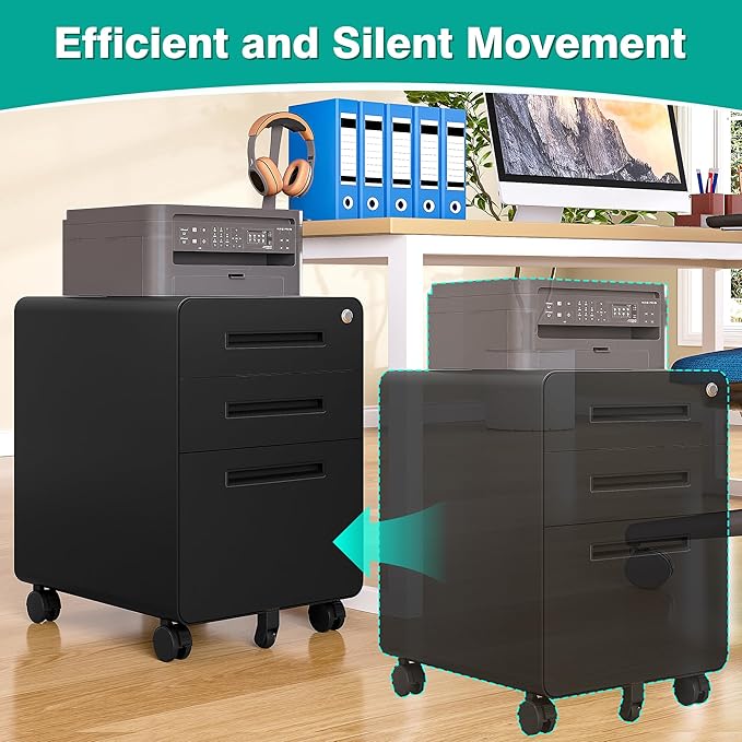 SISESOL 3 Drawer File Cabinet with Lock,Rolling File Cabinets,Under Desk File Cabinet,Three Drawer Filing Cabinet for Home Office with Wheels,Fit A4/Letter/Legal File,Fully Assembled Except Casters