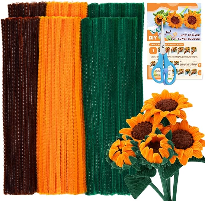 UzecPk 430PCS Pipe Cleaners for Crafts, Pipe Cleaner Sunflower Kit, Pipe Cleaner Craft Sunflowers Kit with Instructions, 3 Colors Pipe Cleaners Set for DIY Art Craft Decorations-5 Flowers
