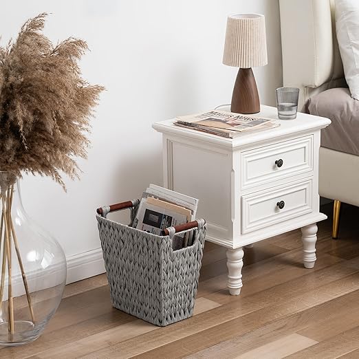 GRANNY SAYS Woven Waste Basket, Gray Wicker Basket with Wood Handles, Wicker Waste Basket for Bathroom Living Room, 2-Pack, 13" x 7 ½" x 12 ½"