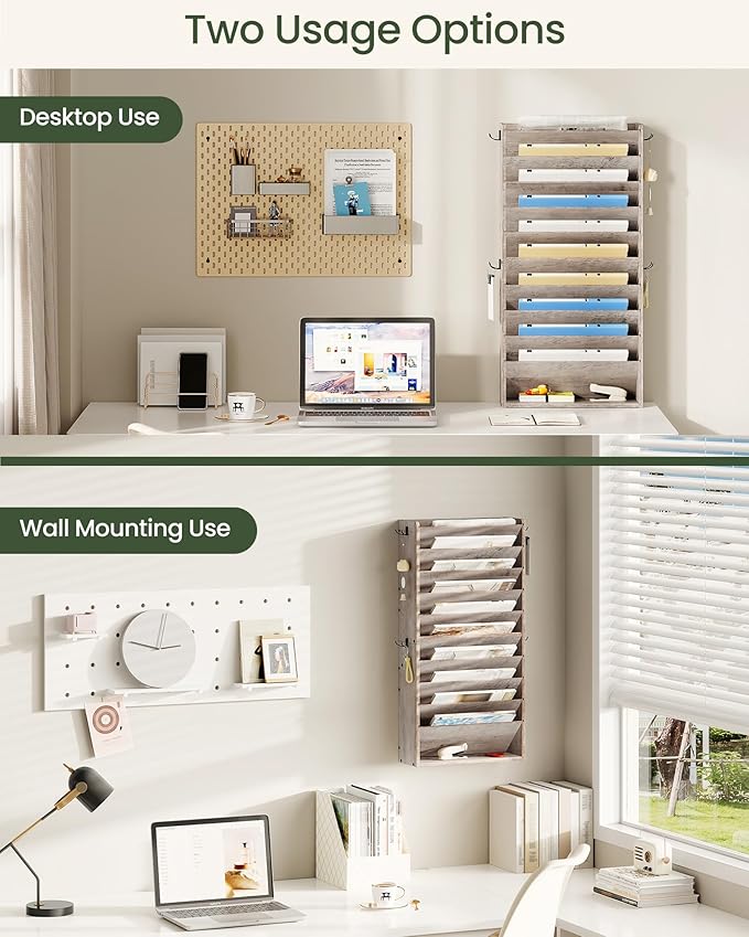 Wall File Organizer, 10-Tier Hanging Mail Organizer, Wall Mount File Holder with 4 Side Hooks, Industrial Mail and Storage Organizer, Wooden Vertical Hanging Holder for Office, Greige MWJ03FH