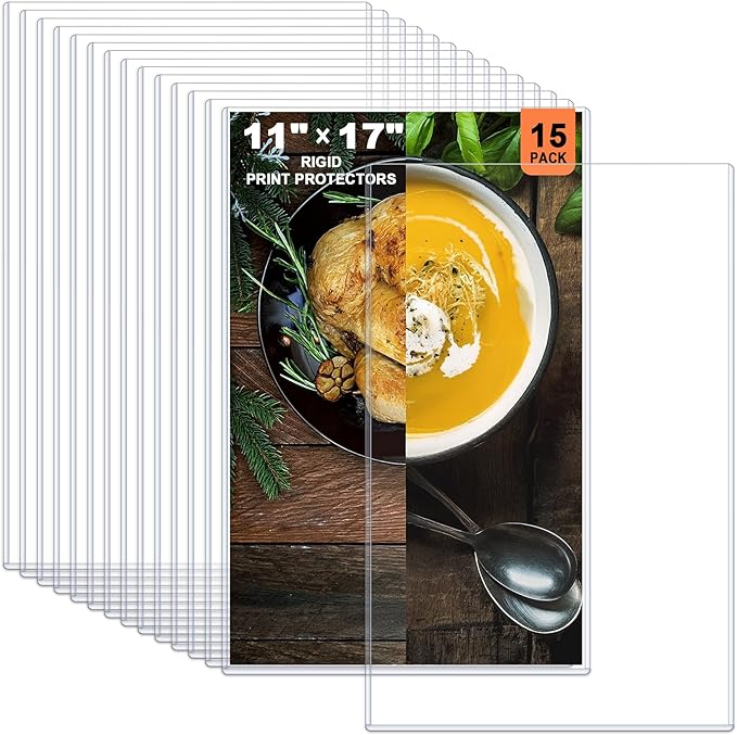Ndsox 15 Pack 11" x 17" Rigid Print Protectors - Heavy Duty Hard Plastic Sheet Page Protectors - Crystal-Clear Menu Holders - Top Loading Art Prints Sleeves for Documents Magazines Posters Photographs